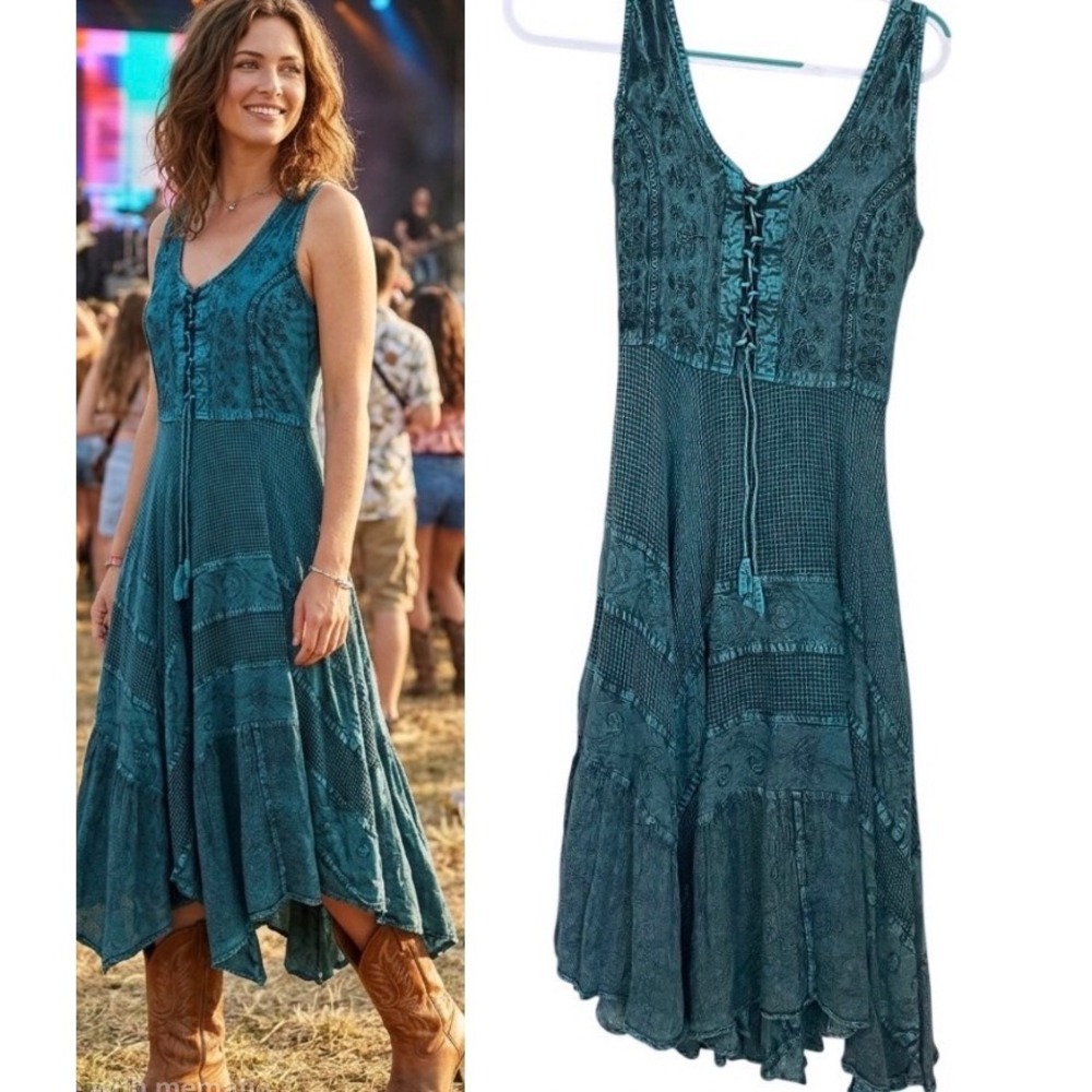 Belma O/S Teal Mineral Wash Embroidered Lace Up Patchwork Dress Boho Western